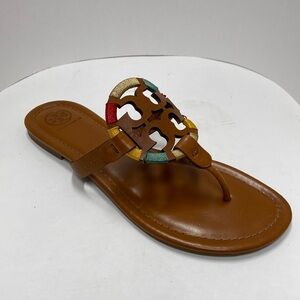 Tory Burch embroidered leather sandal logo style size 9m natural leather